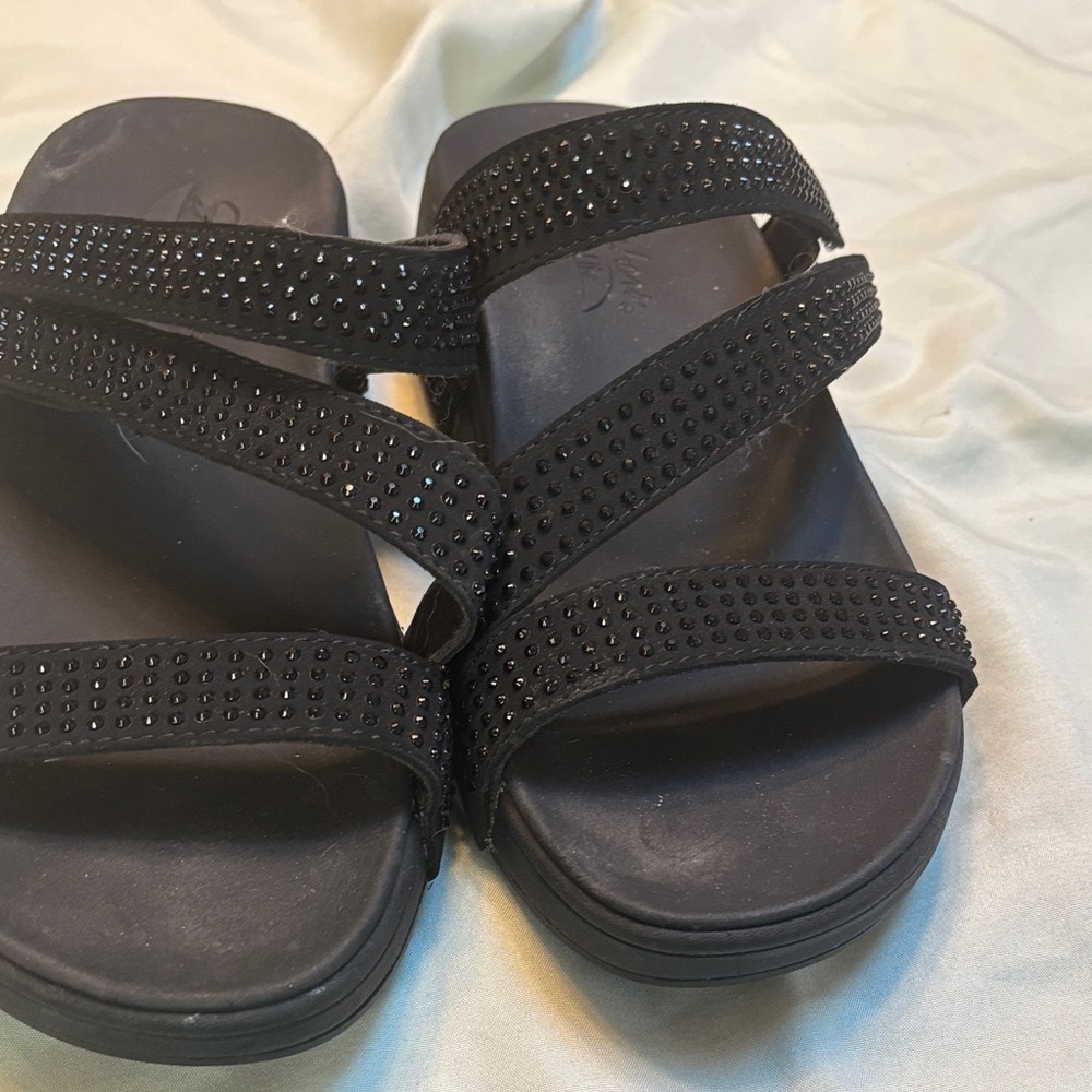Skechers Black Rhinestone Strappy Slide Sandals